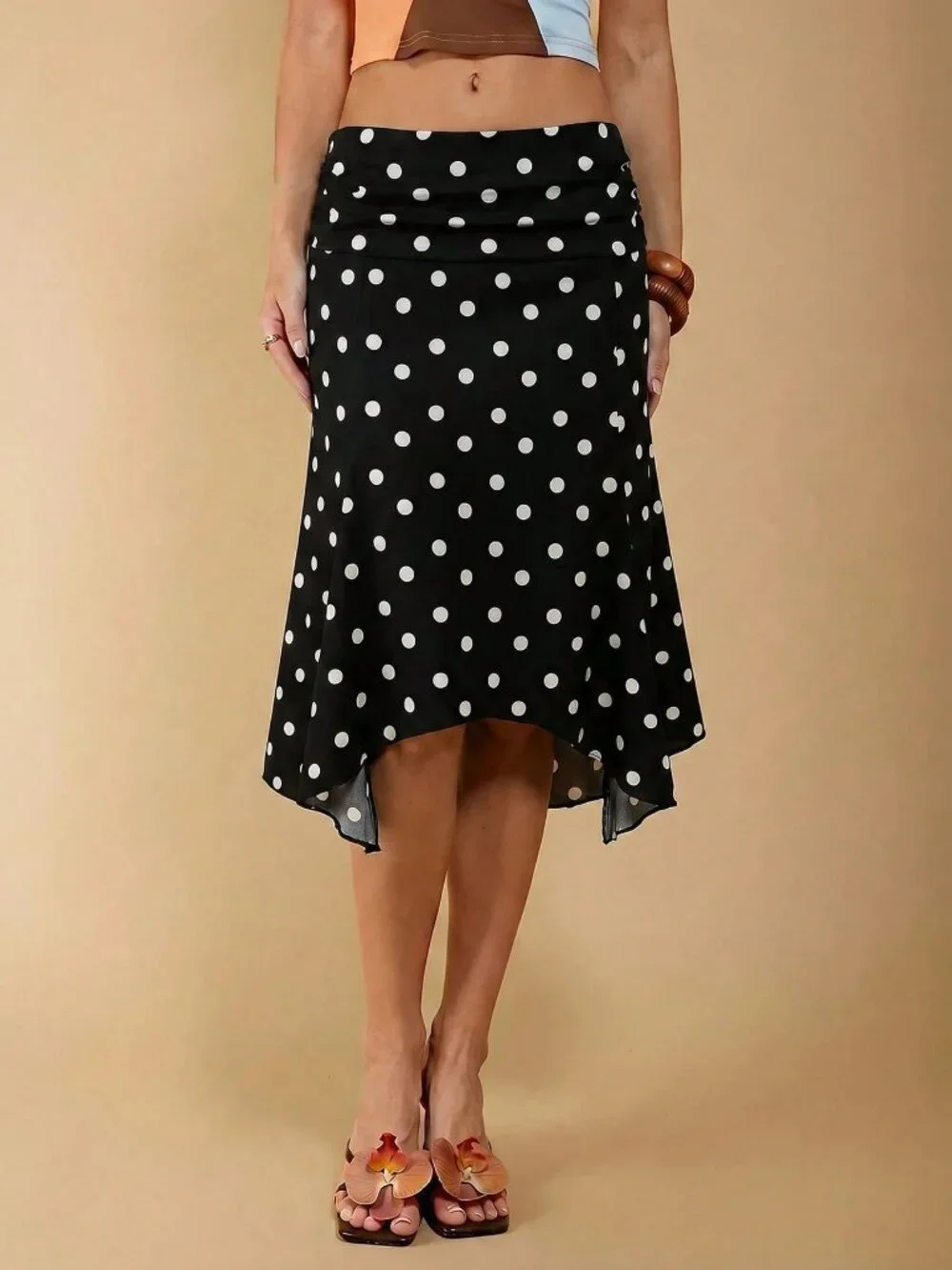 Black Elegant Women's Casual Asymmetric Hem Polka Dot Skirt